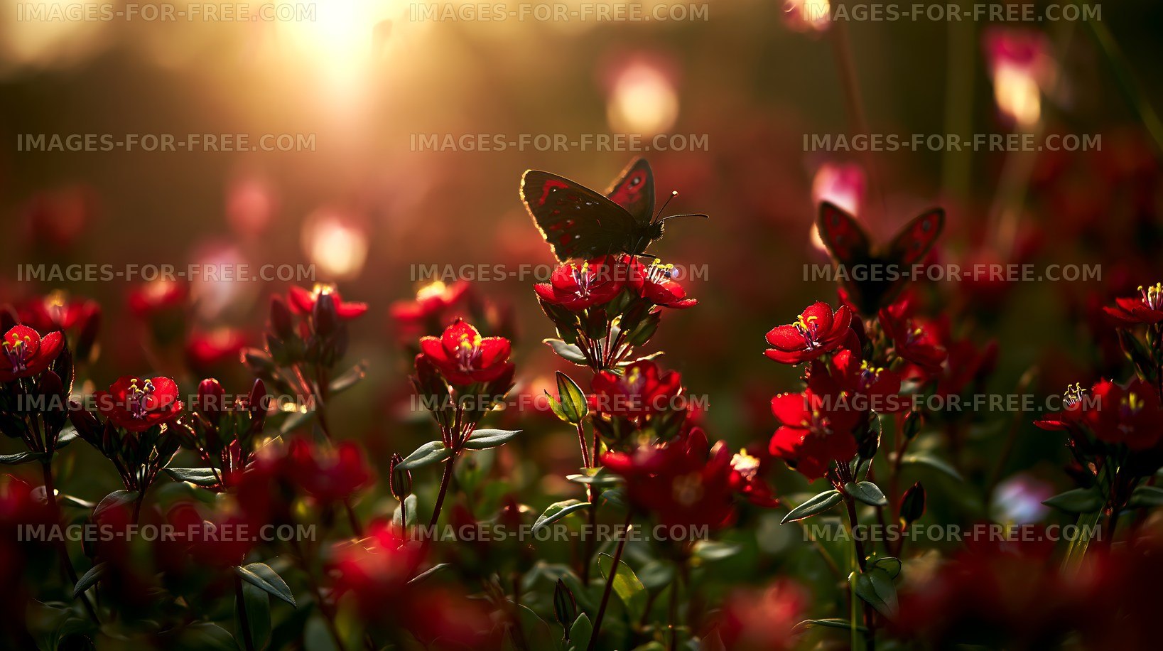 Butterfly resting on red flowers at sunset