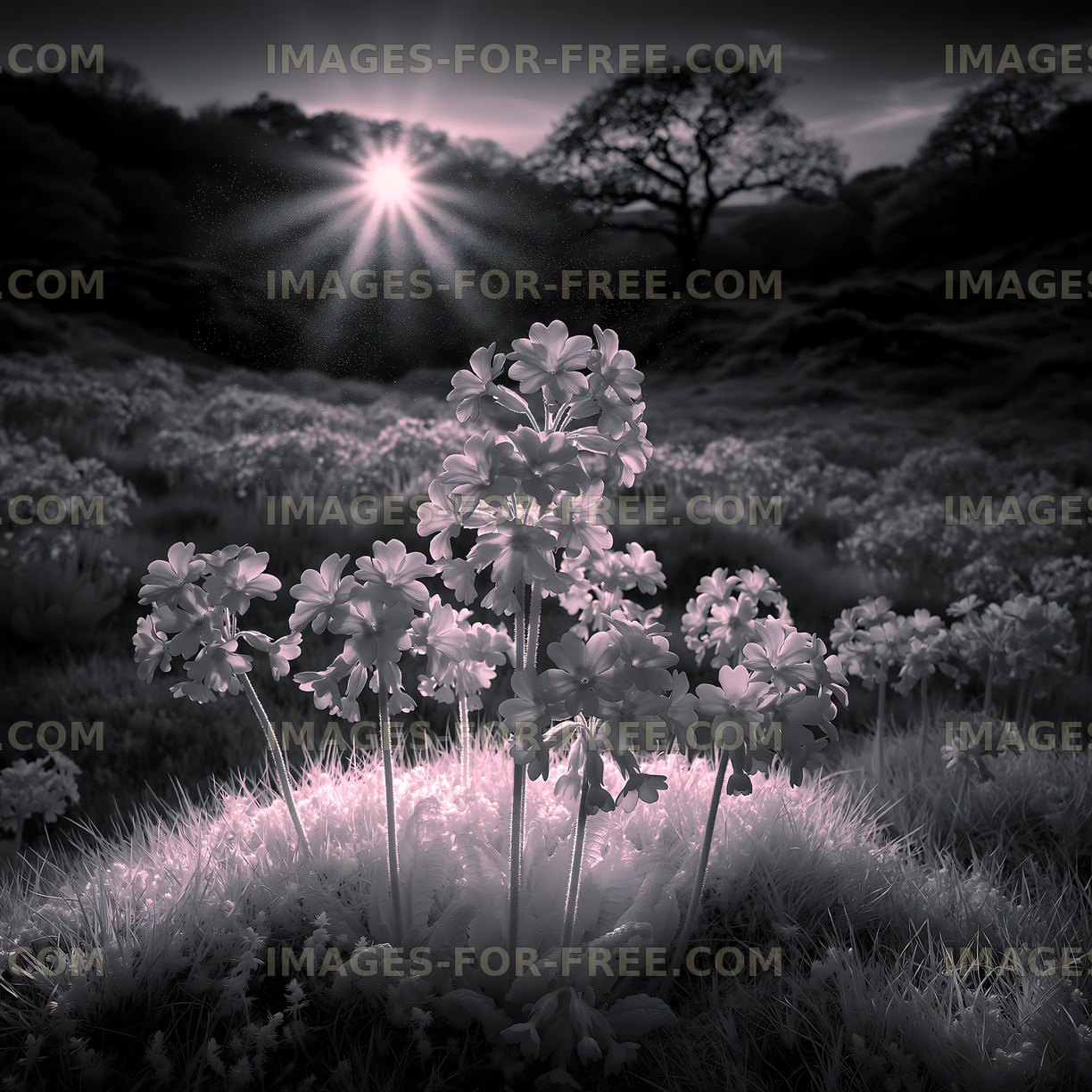 Flowers growing in a field with sunlight and trees in the background