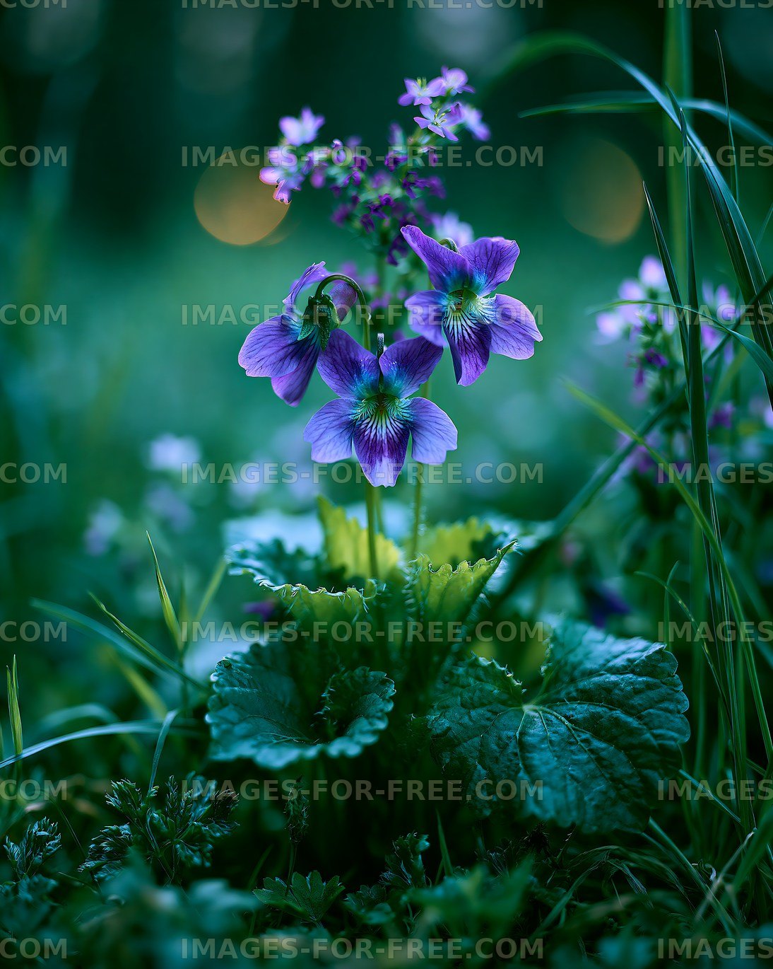 Violet flowers blooming in green grass during twilight