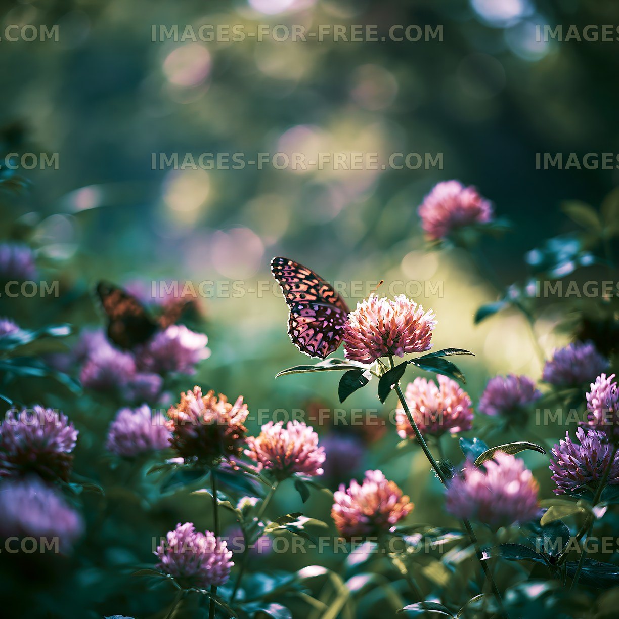 Butterflies on blooming clover flowers in a garden setting