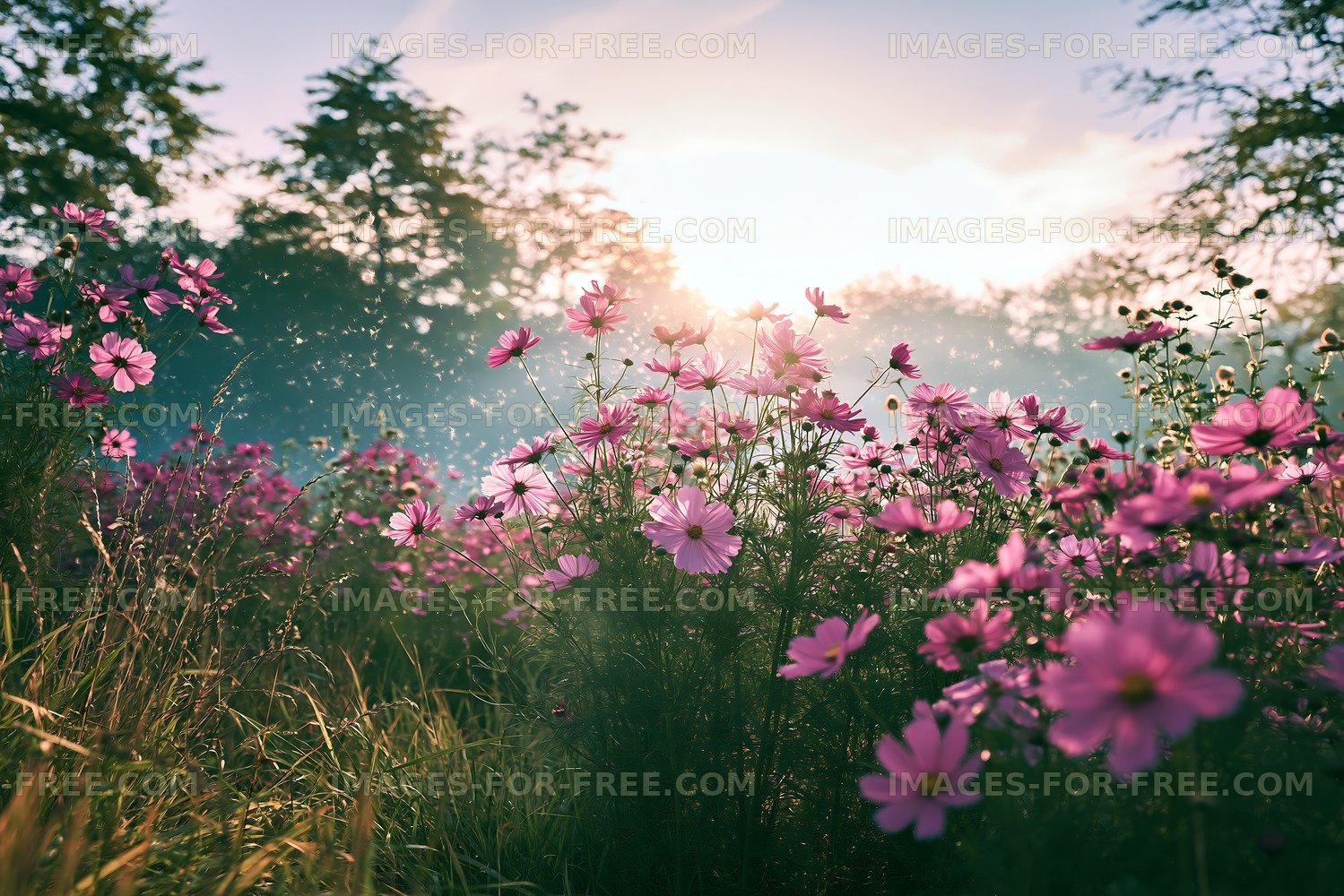 Flowers bloom in a field during sunrise