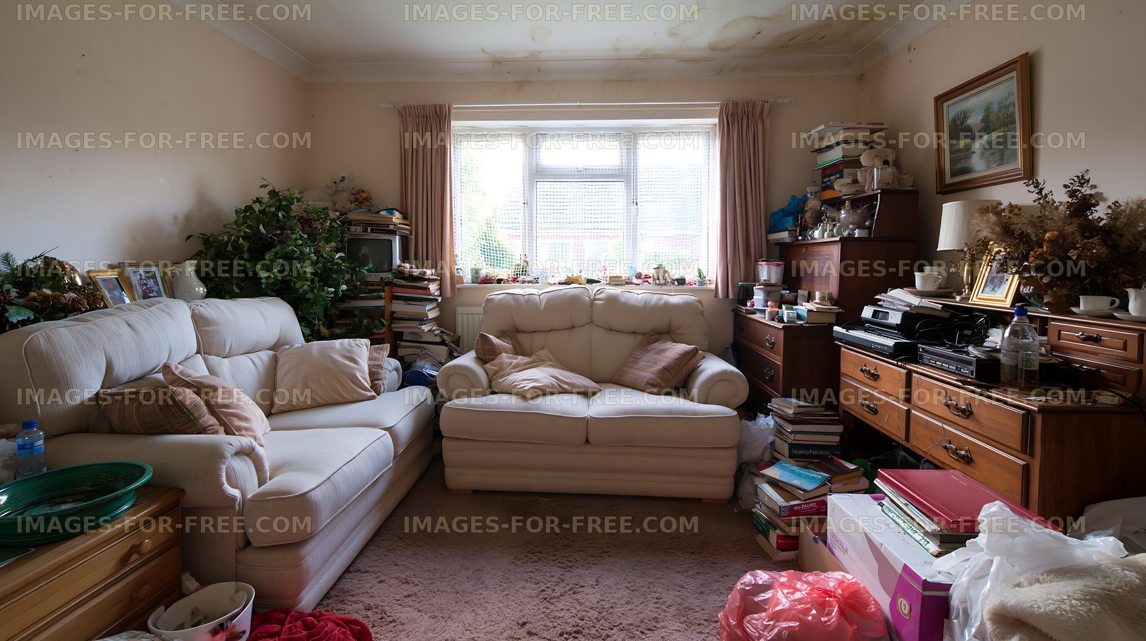 Living room filled with clutter and disorganized furniture