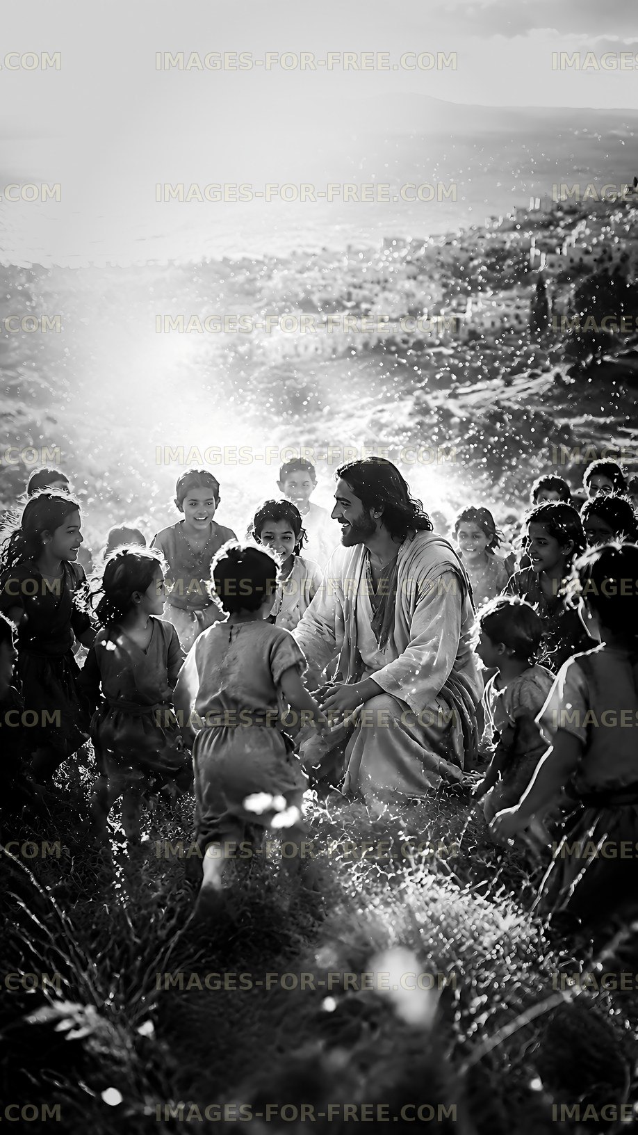 Group of children playing in a field with a man in white garments