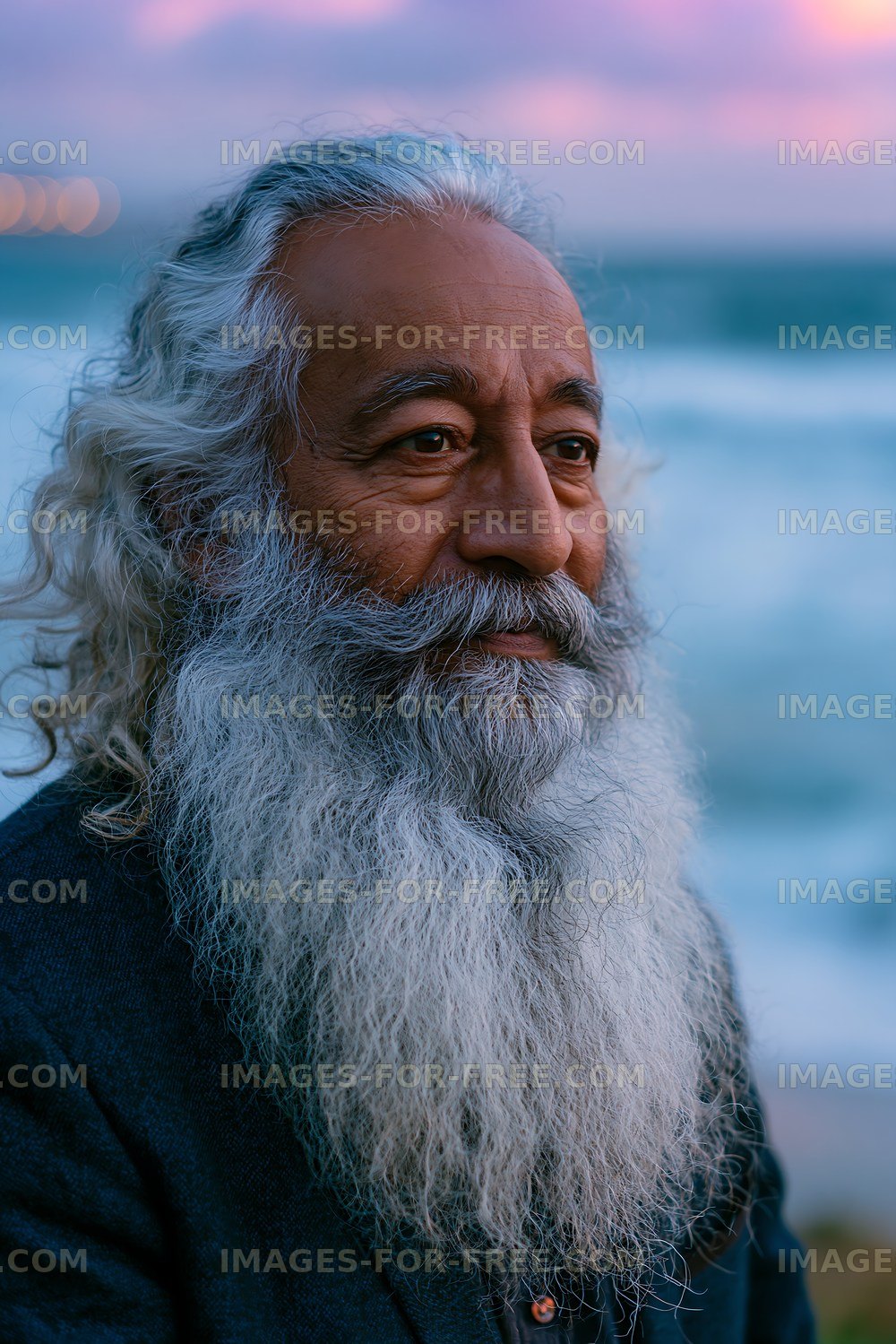 Man with long beard near the ocean at sunset