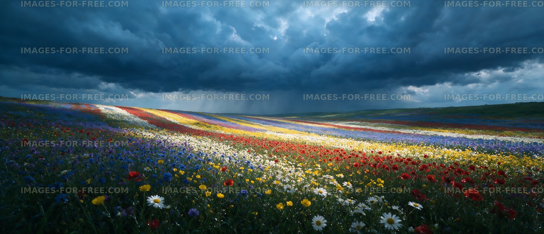 Vibrant flower field under a stormy sky