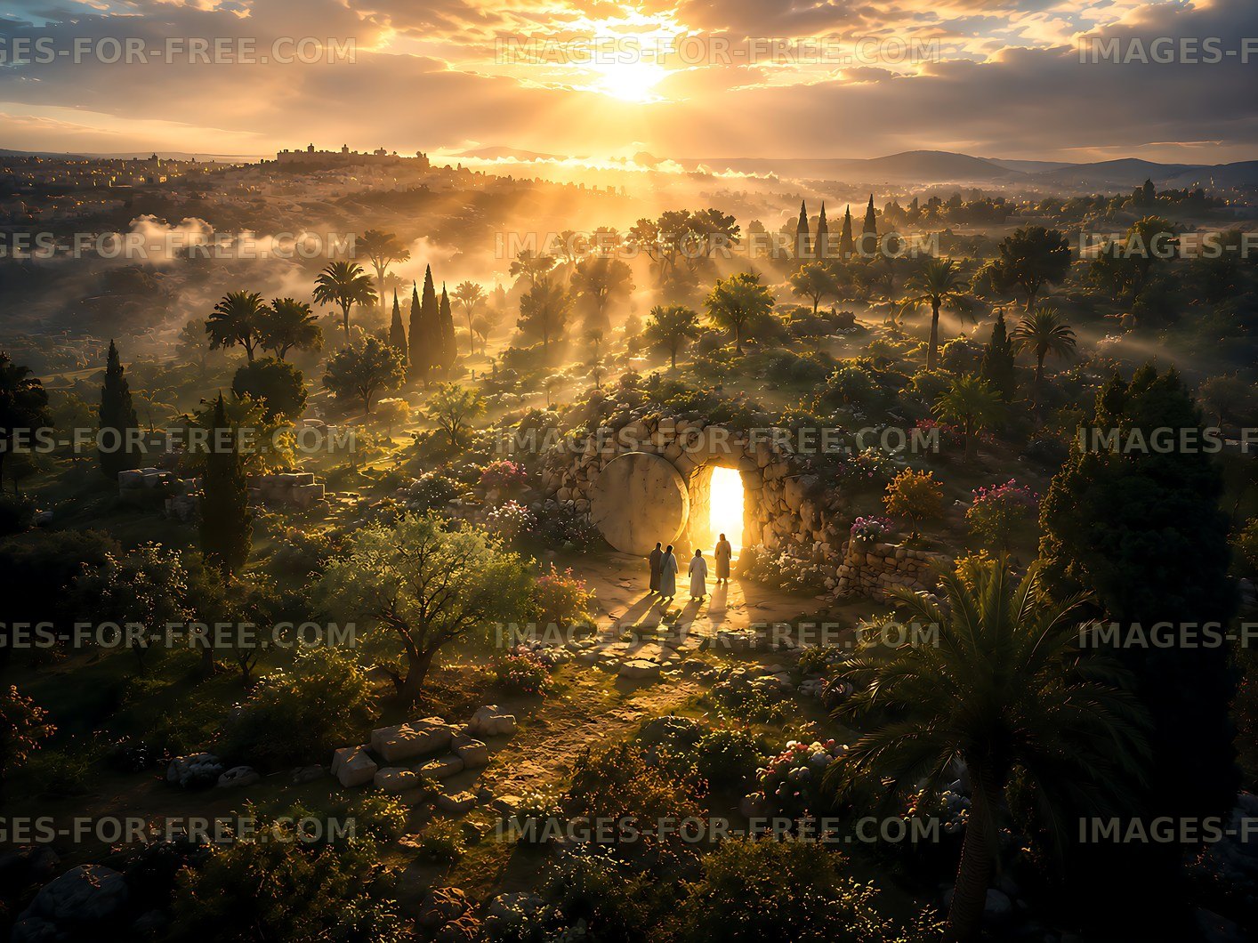 Sunrise over garden with three figures near stone tomb