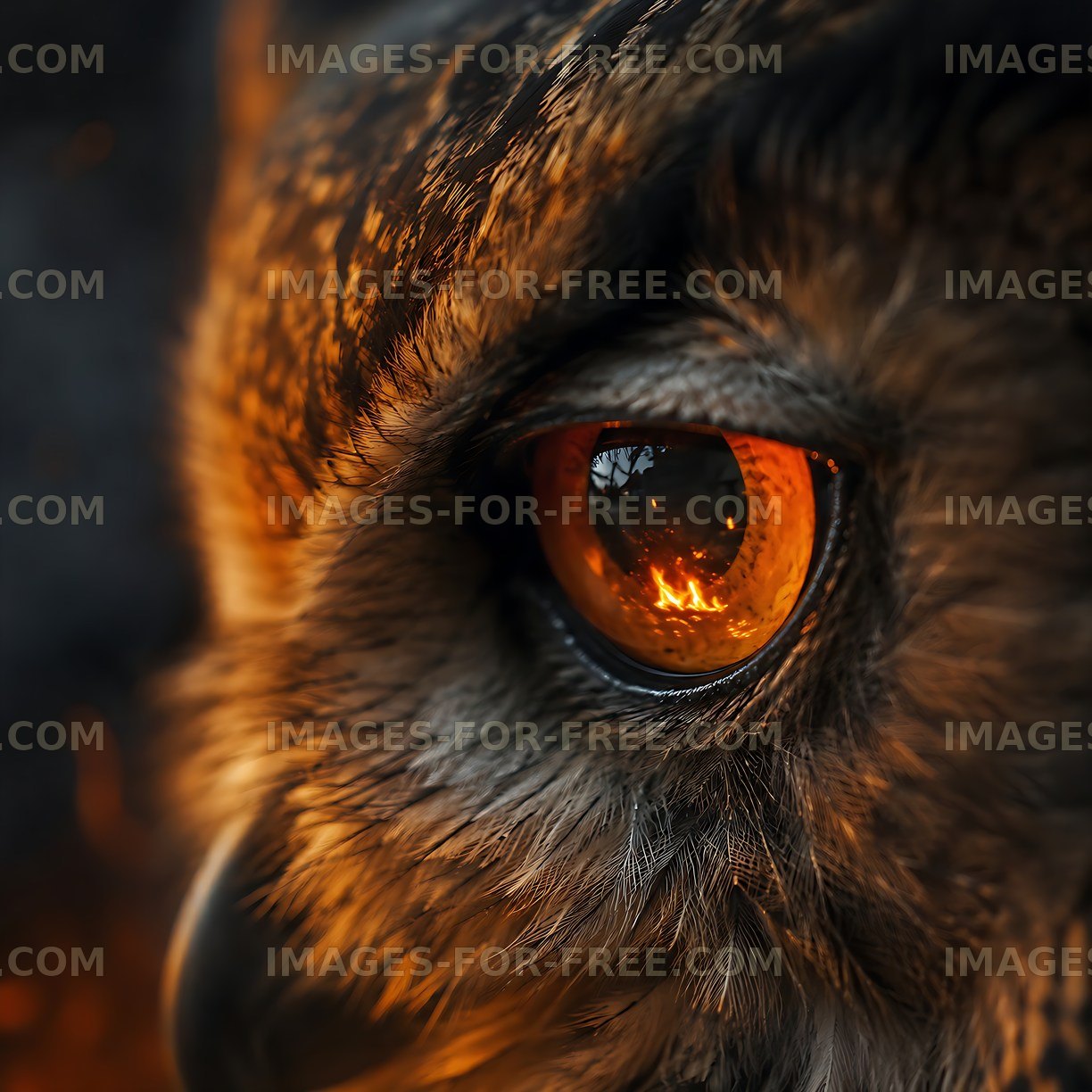 Owl with glowing eyes reflecting a warm light