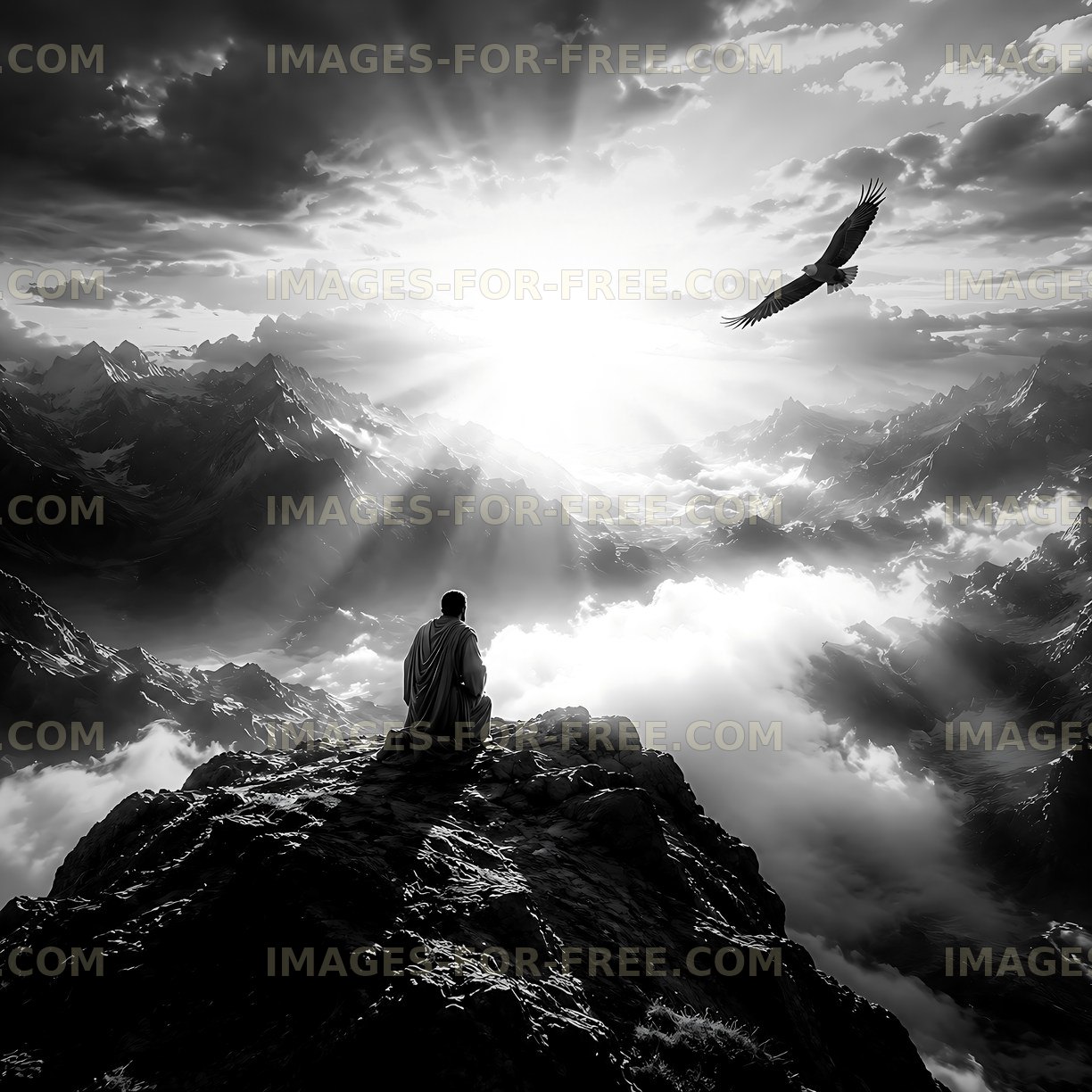Man sitting on rock with eagle flying in mountains at sunset