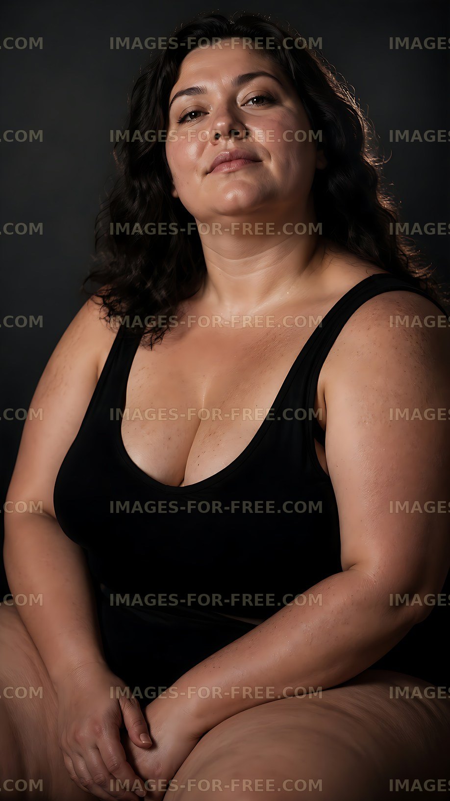 Portrait of a woman with dark hair seated against a dark background