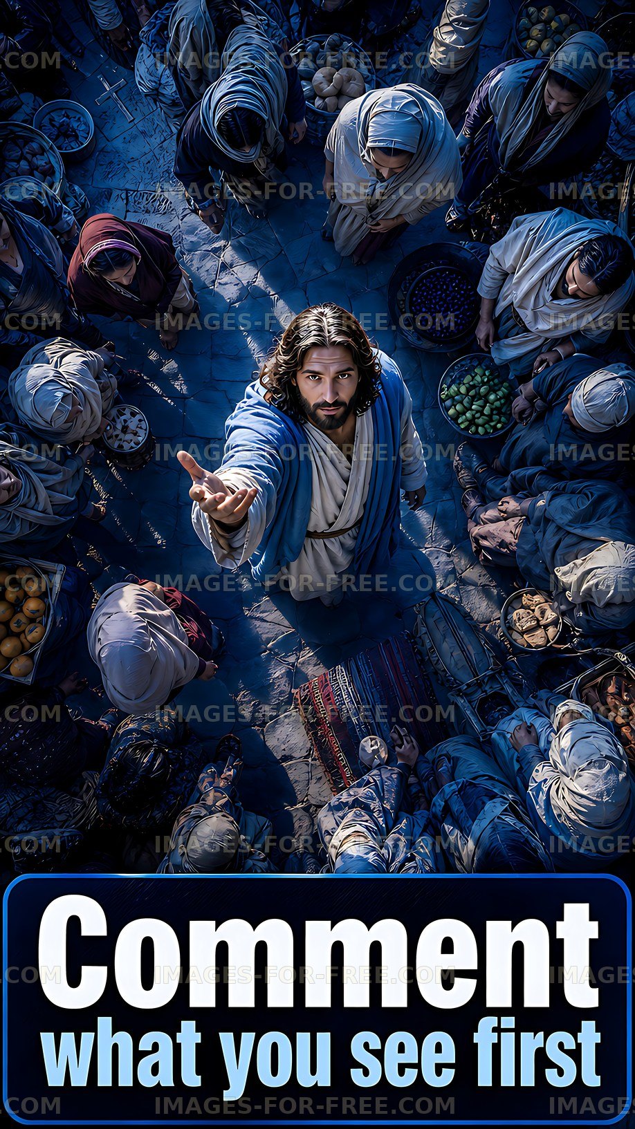 Crowd gathering around a figure in a market scene