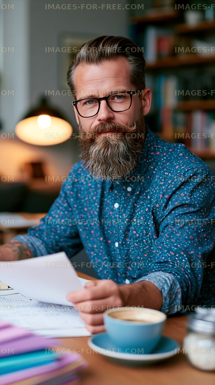 Man with glasses studying documents in a cozy workspace