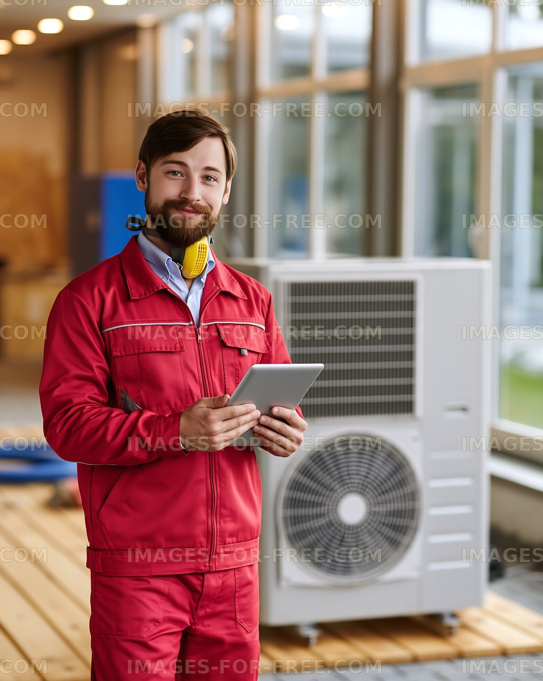 Technician holds tablet beside air conditioning unit