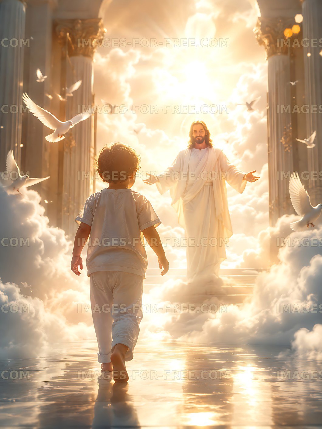 Child approaches a figure in a light-filled setting