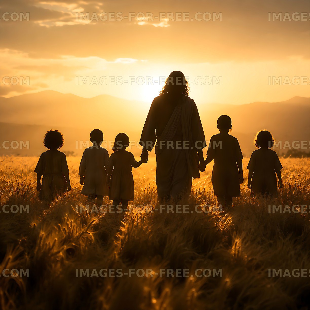 Sunset walk through a wheat field with children