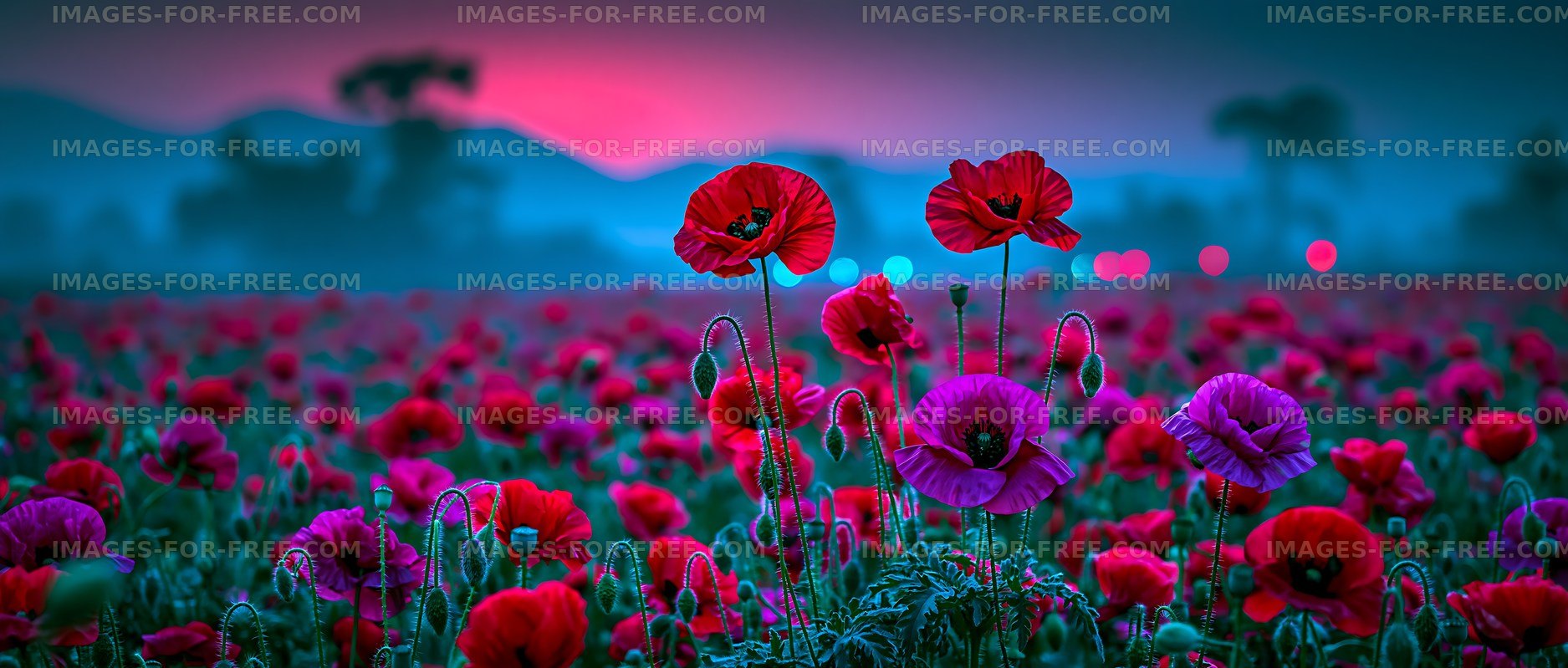 Poppy flowers blooming at dusk in a vibrant field