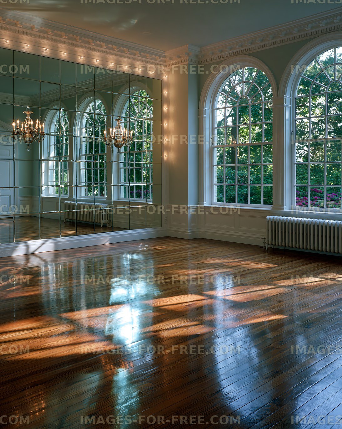 Bright room with large windows and mirror wall