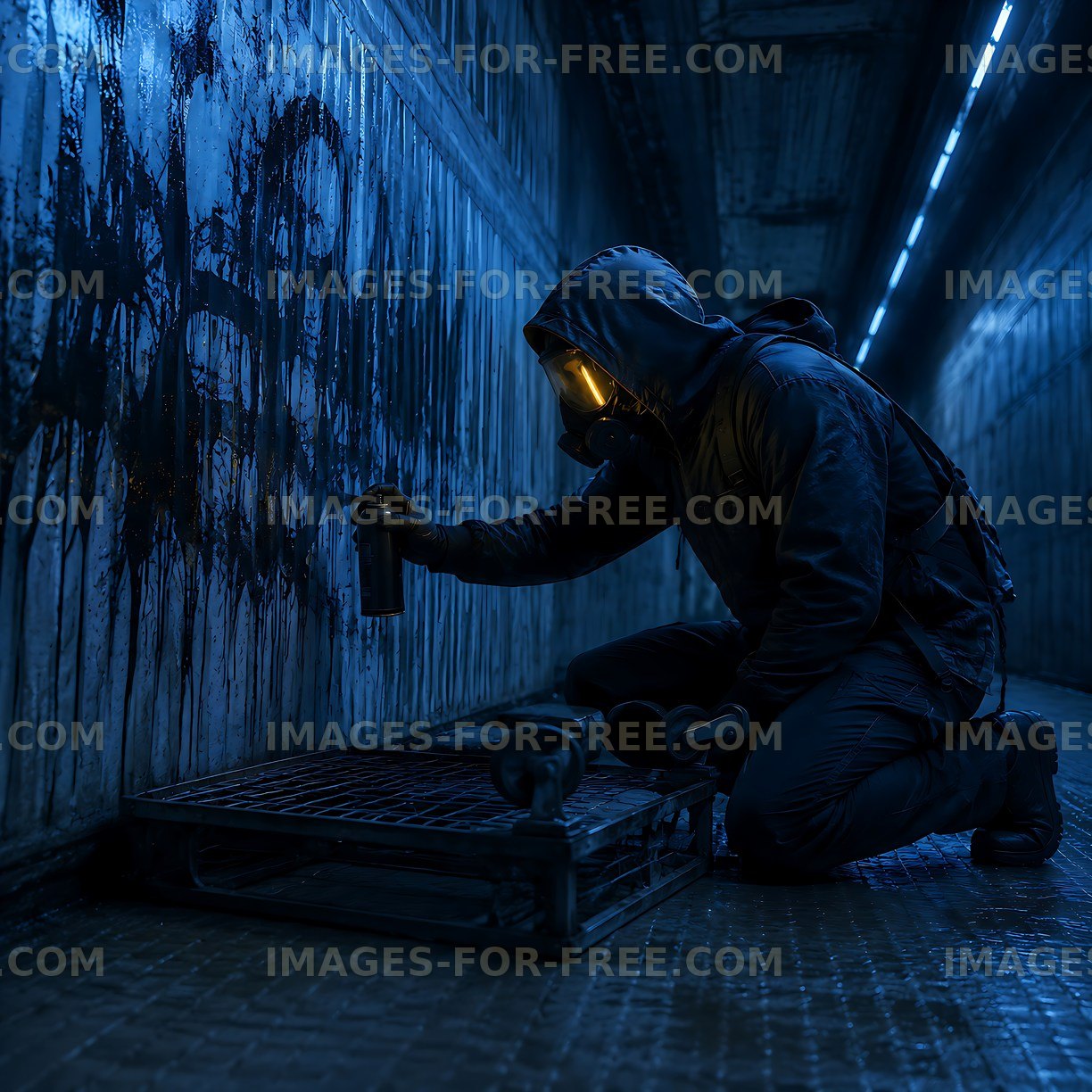 Graffiti artist spray painting in urban tunnel at night