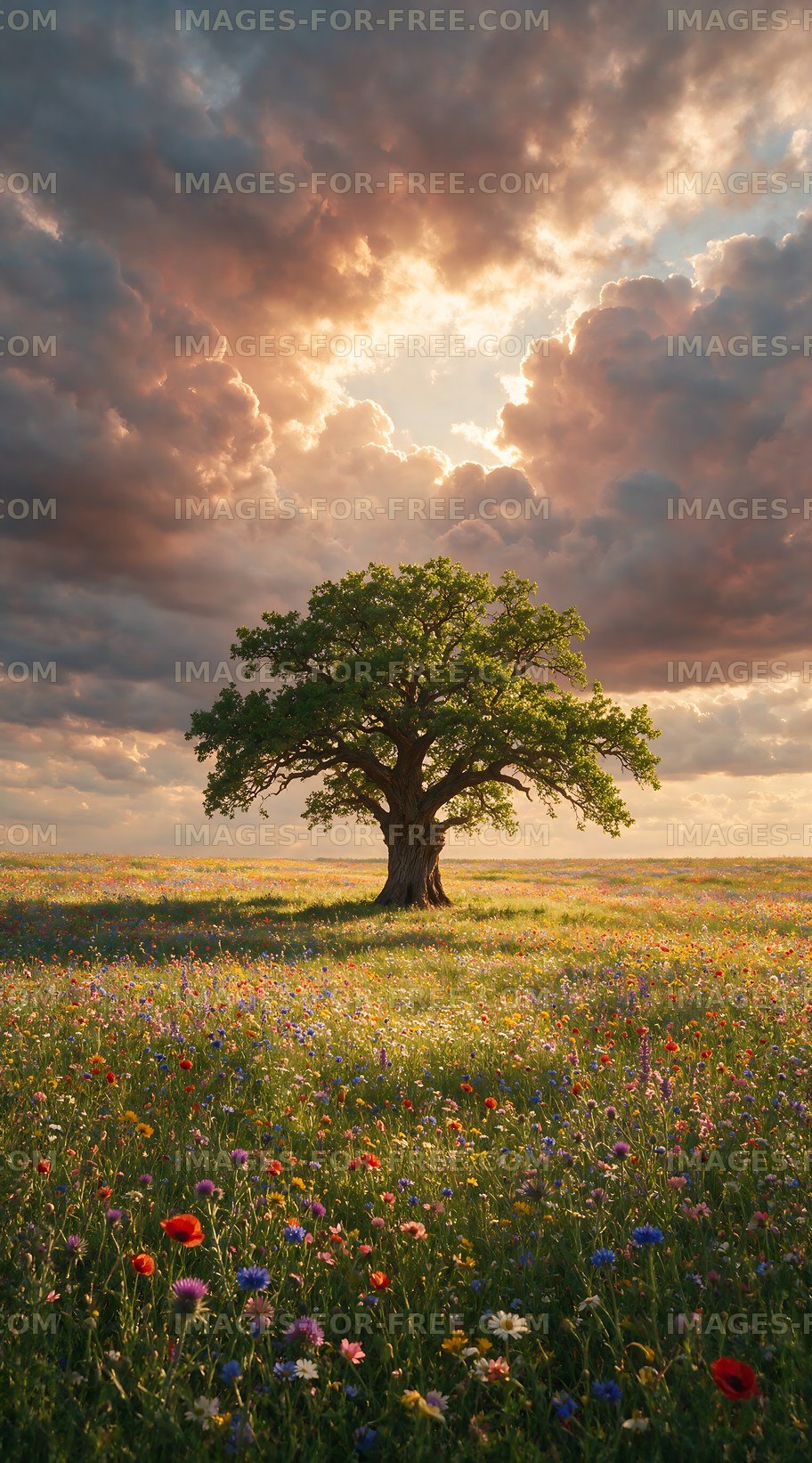 Lone tree in a colorful flower field under cloudy sky