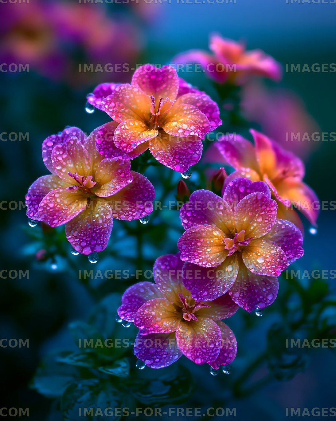 Colorful flowers covered in water droplets