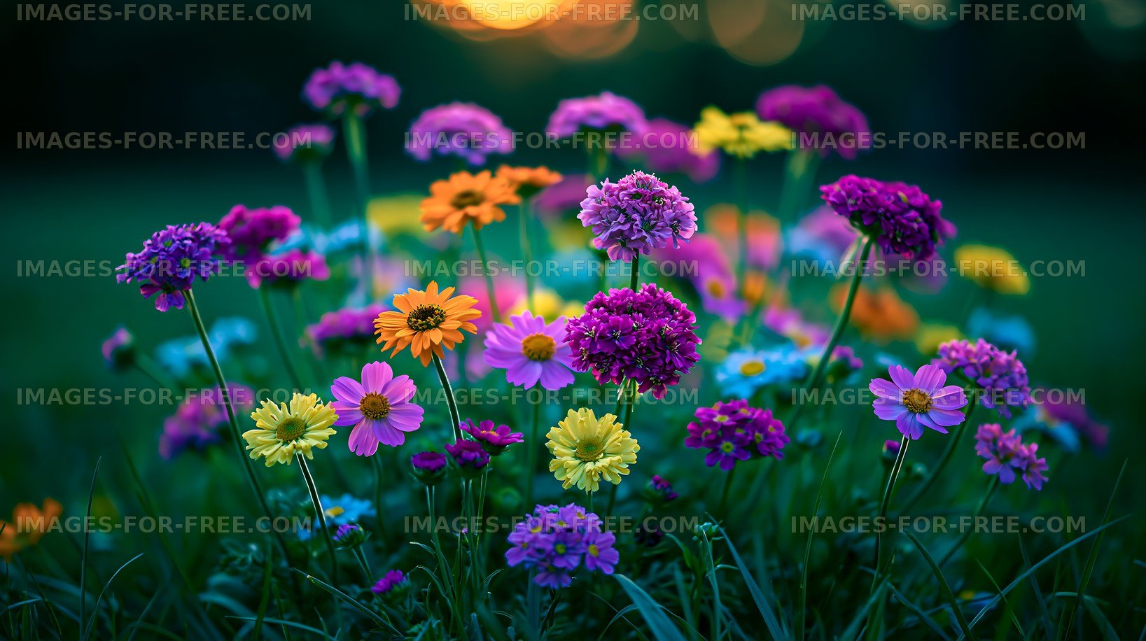 Colorful flowers blooming in a garden during sunset