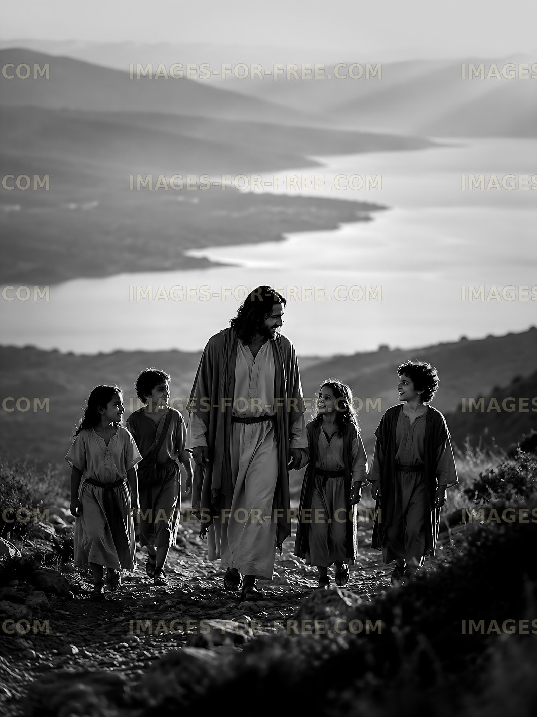 Walking along the river with children in a scenic landscape