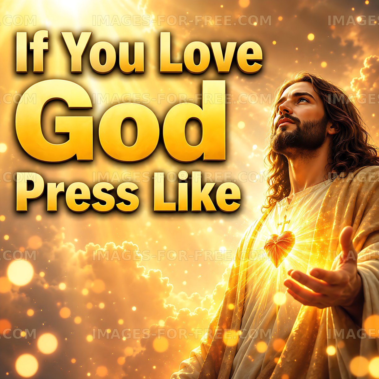 Man with open hands and glowing heart in bright light