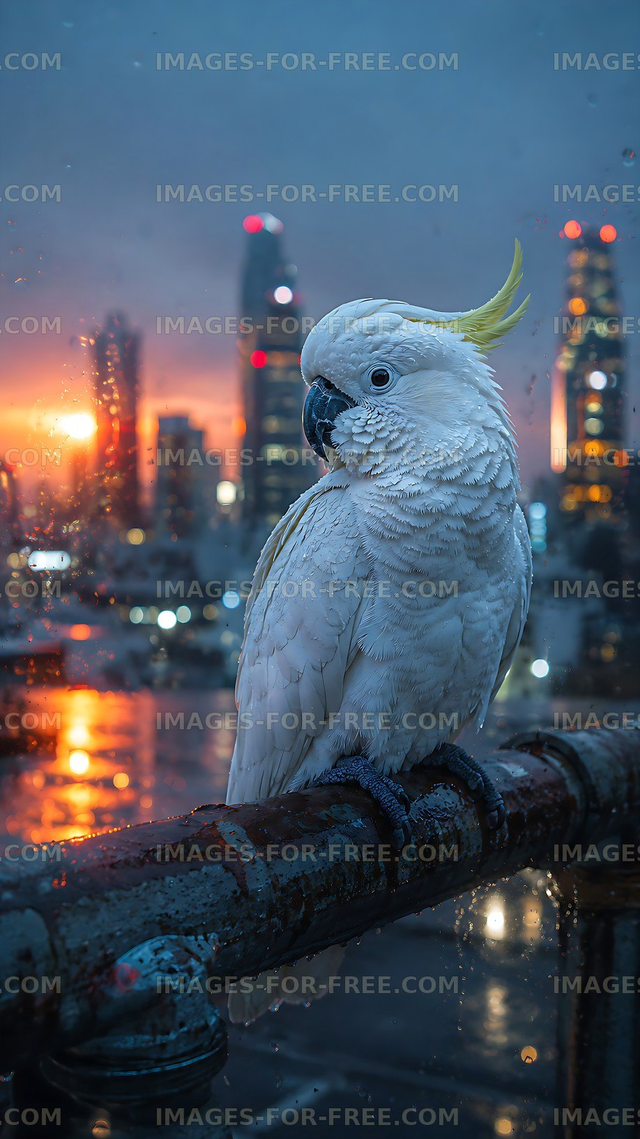 Cockatoo perched on railing at sunset in urban setting
