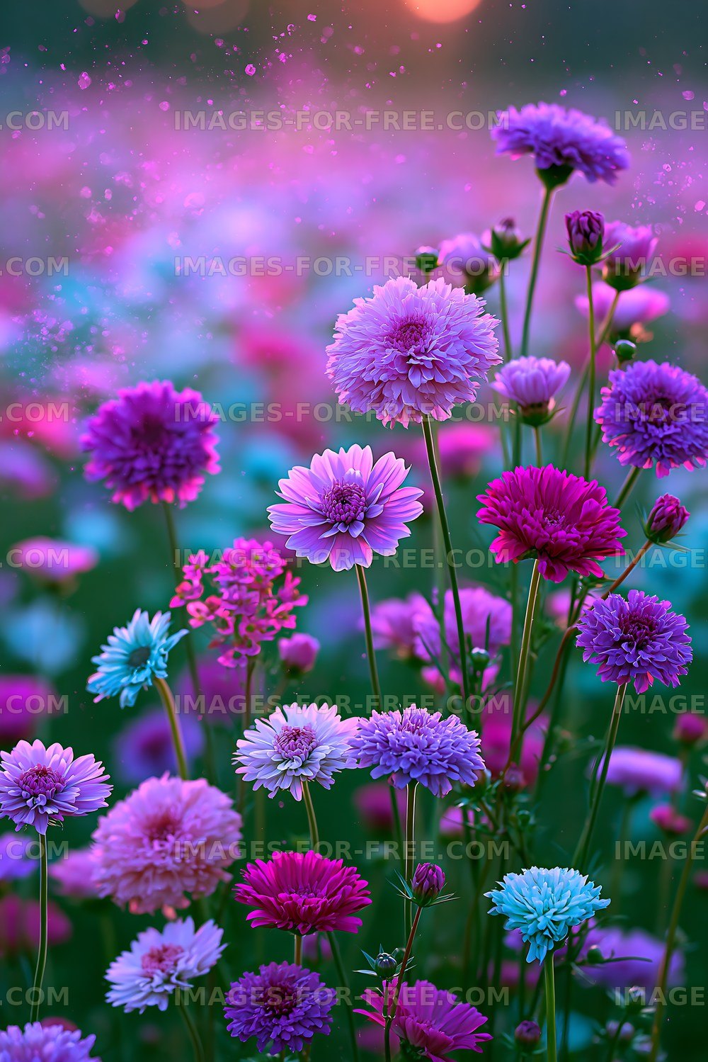 Colorful flowers in a field during sunset
