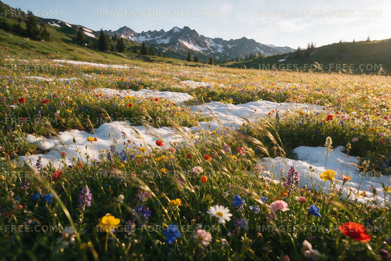 Vibrant wildflower field under mountain range in daytime
