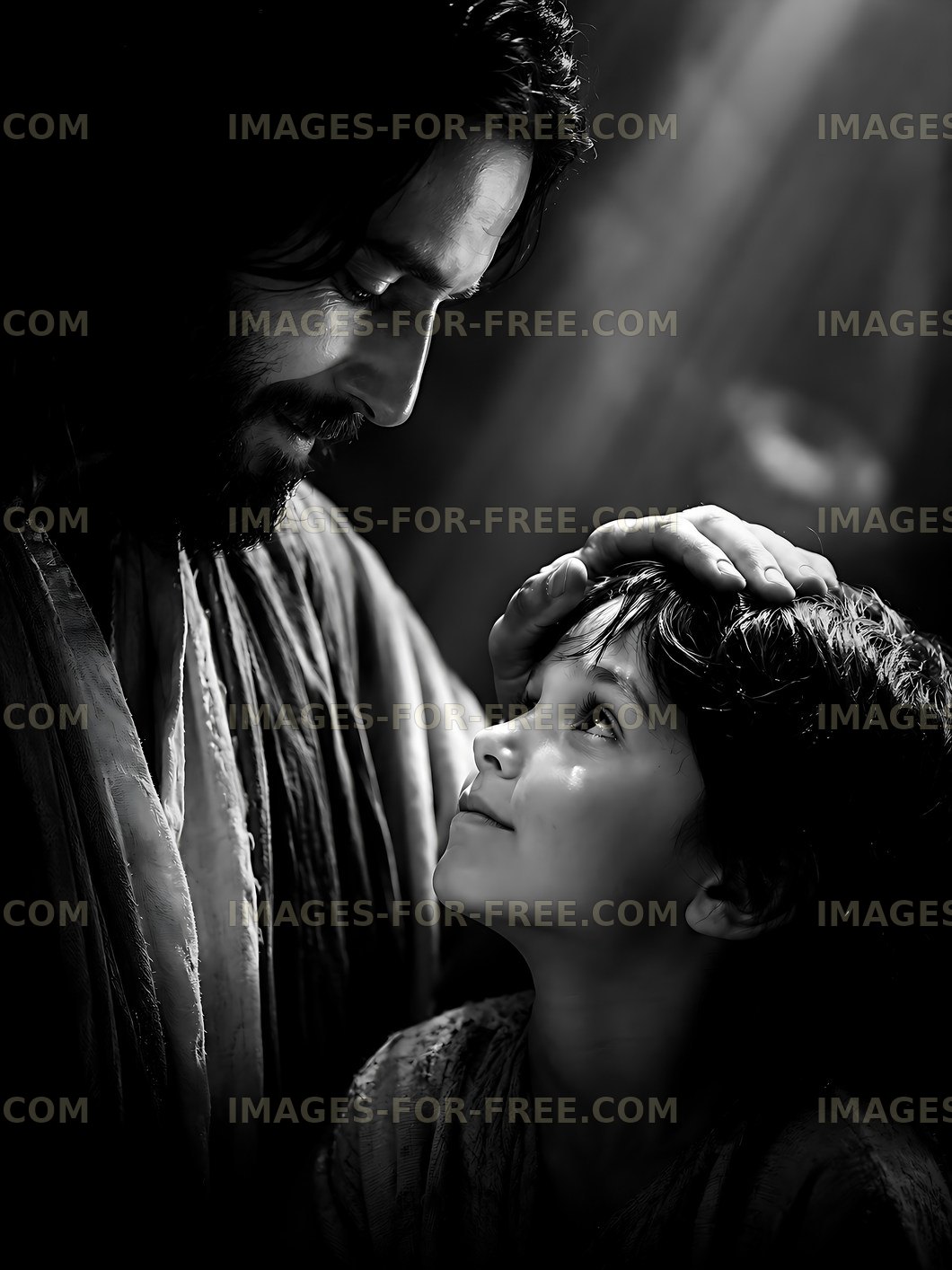 Father and child share a moment in a dark setting