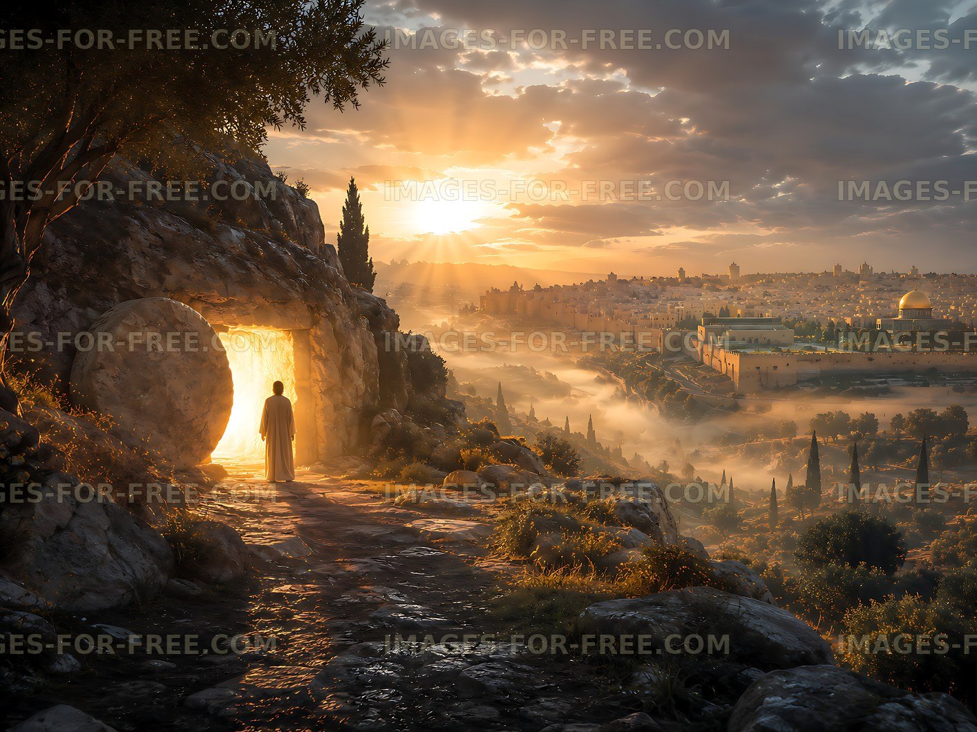 Sunrise over a stone doorway in a mountainous landscape