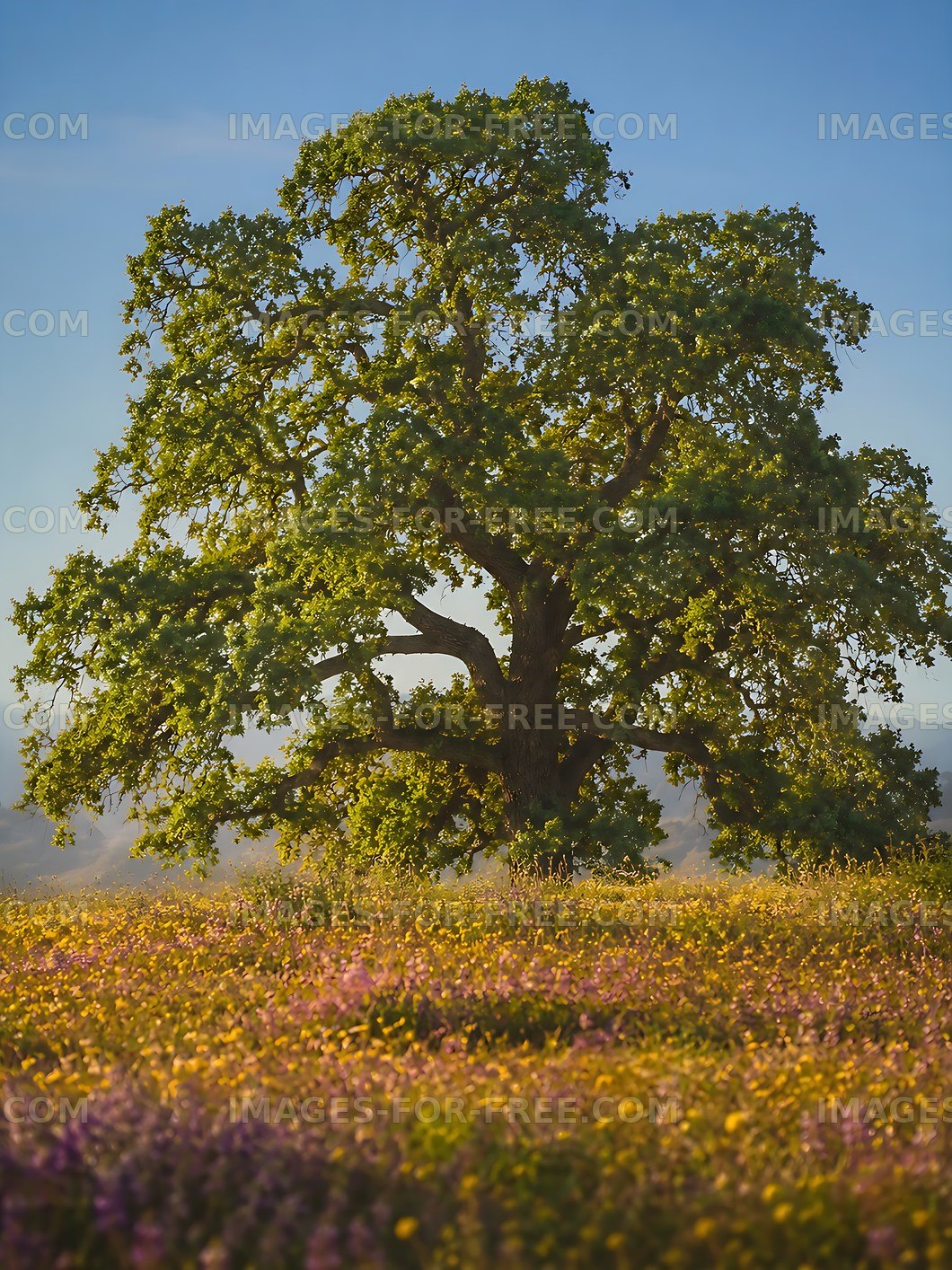 Large oak tree in a field of wildflowers during sunny day