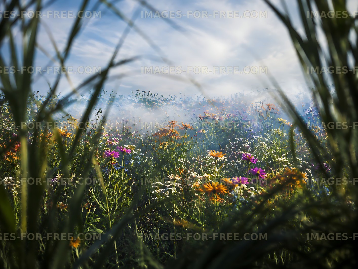 Colorful flowers in a grassy field under a cloudy sky