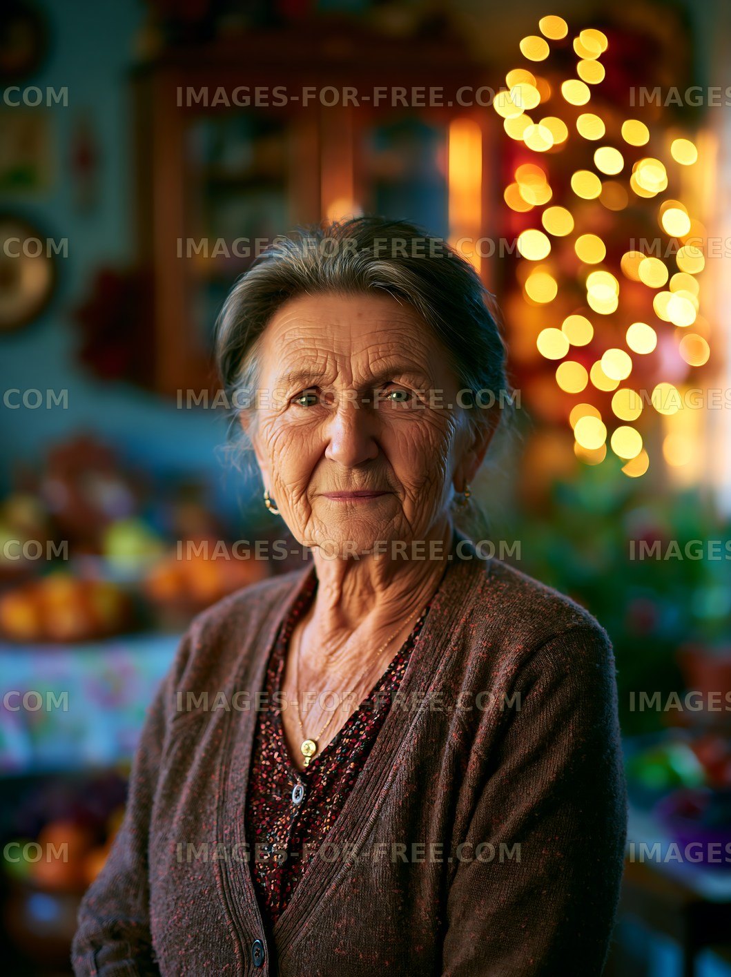 Elderly woman standing indoors near decorated Christmas tree