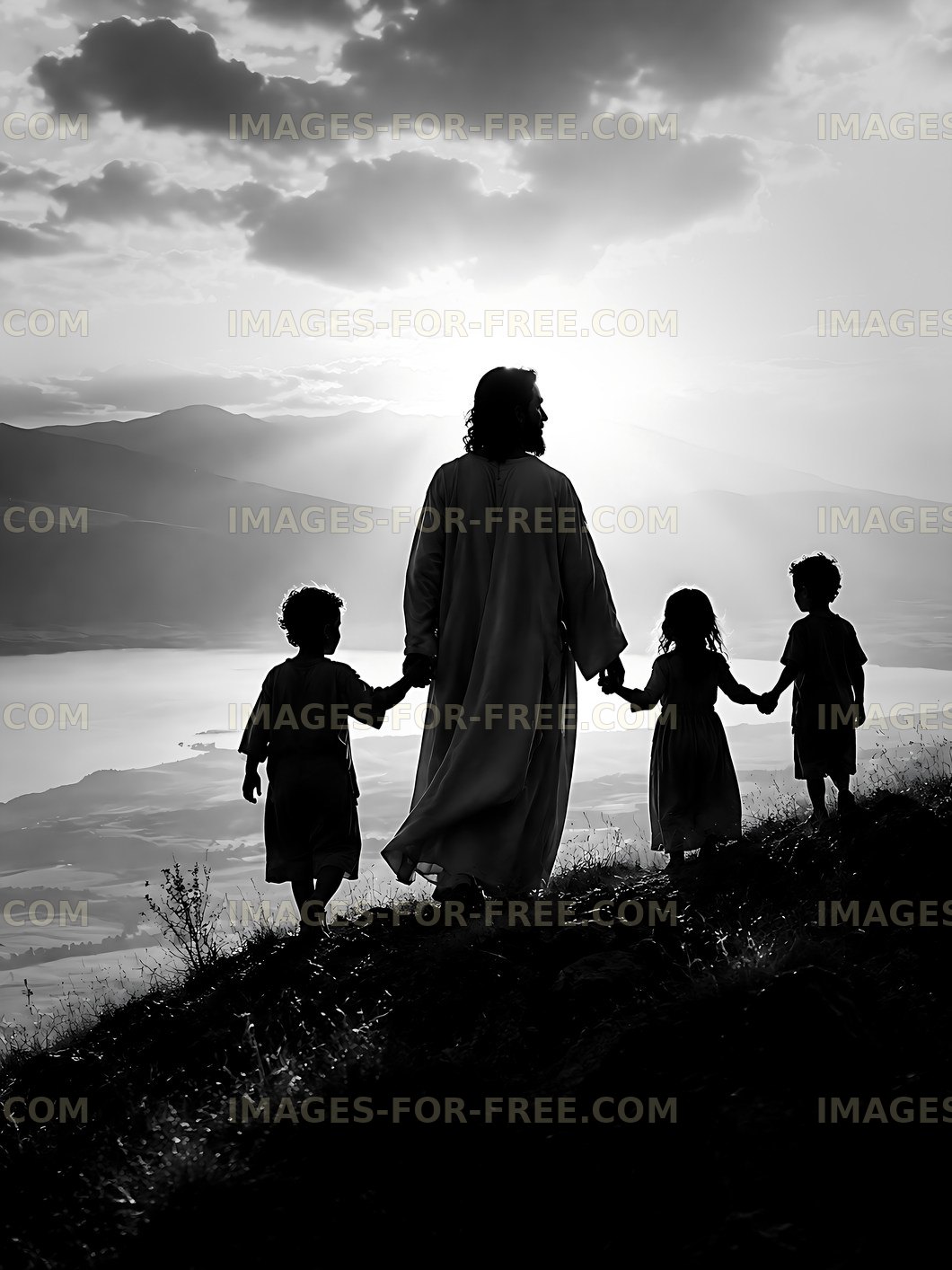 Figures walking on a hill with a scenic background