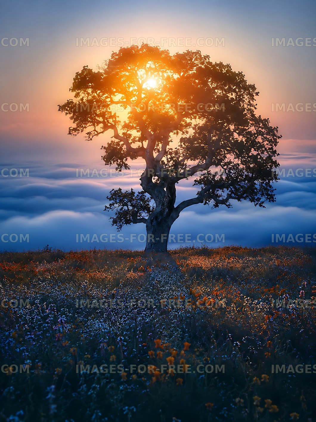 Sunrise over a tree on a foggy landscape