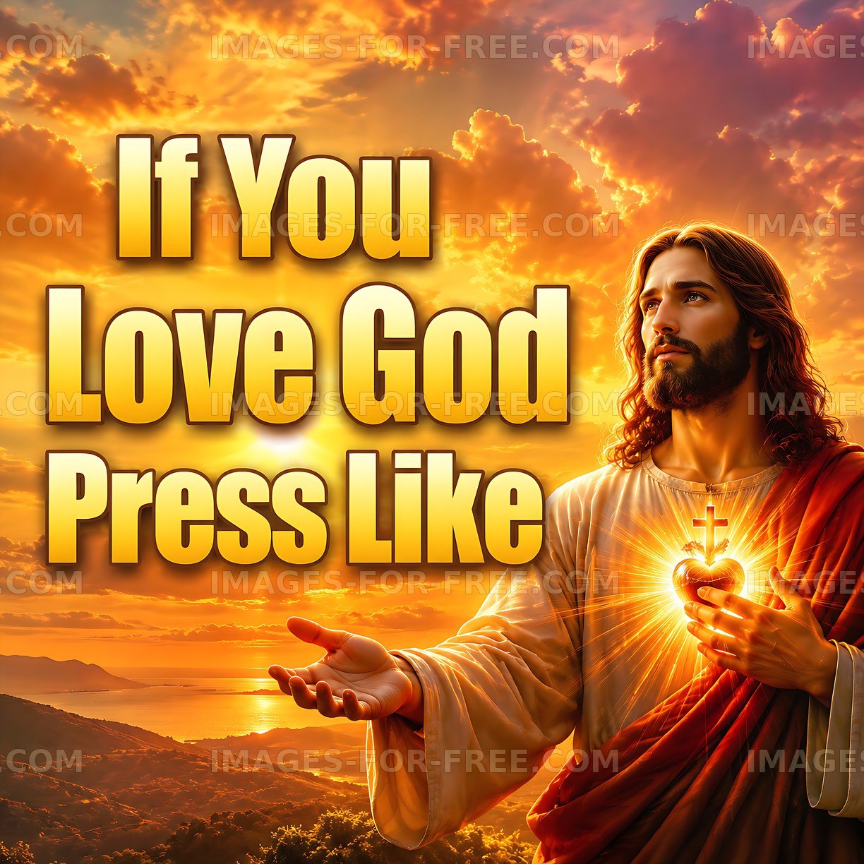 Jesus with a glowing heart in a sunset background
