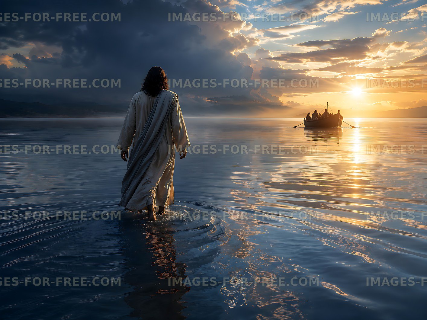 Person walking on water while a boat approaches at sunset