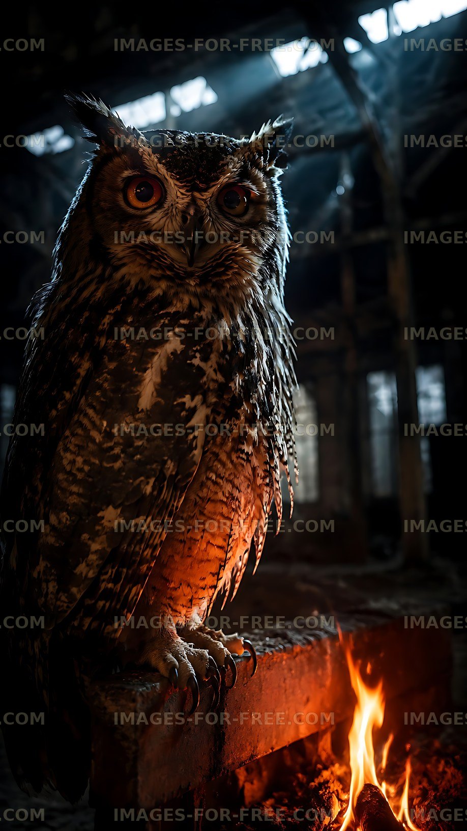 Owl resting near a fire in a dark warehouse setting