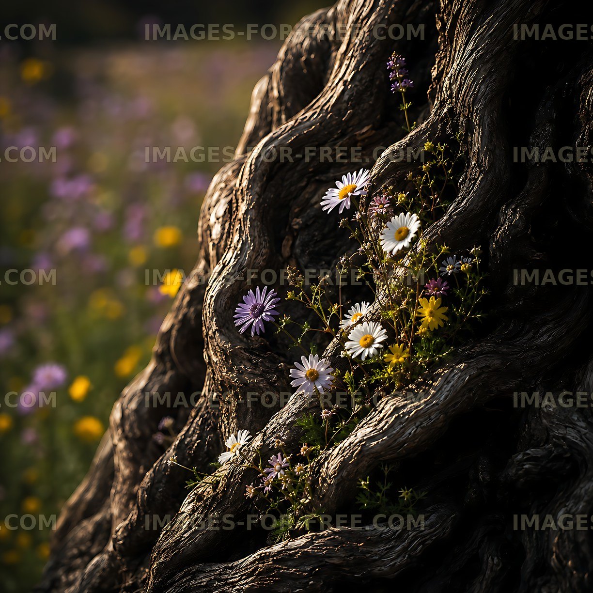 Flowers growing from a twisted tree trunk in a meadow