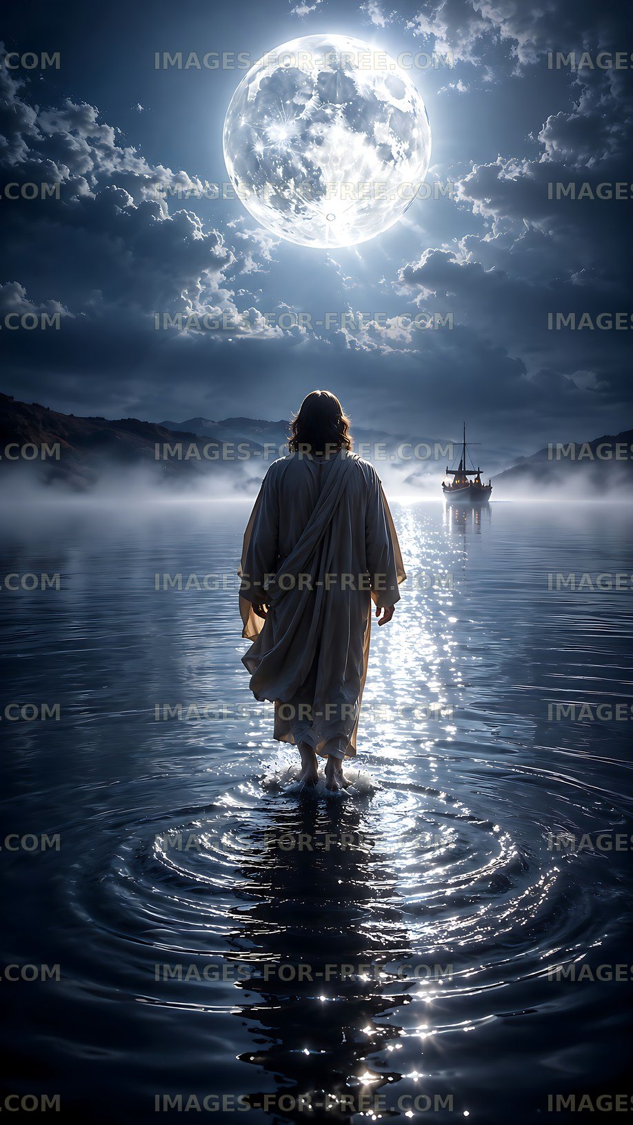 Walking on water under the moonlight at night