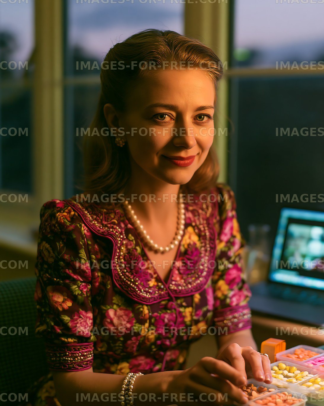 Woman working at a computer in vintage clothing during evening