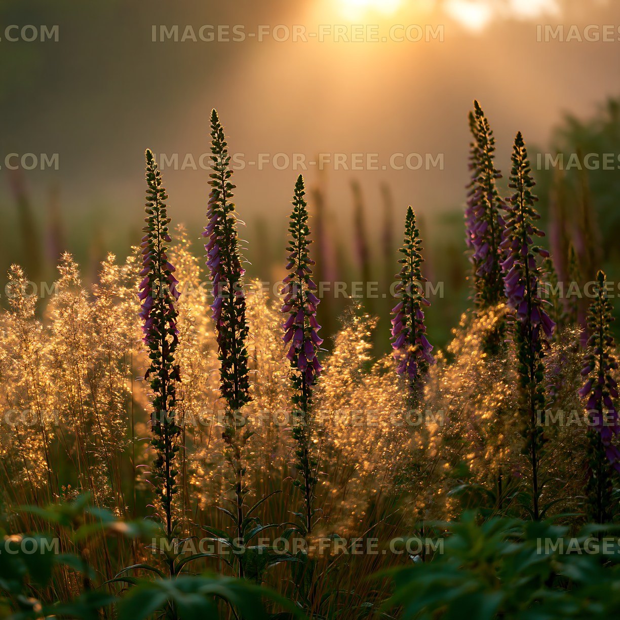 Golden hour light shines on wildflowers in a meadow