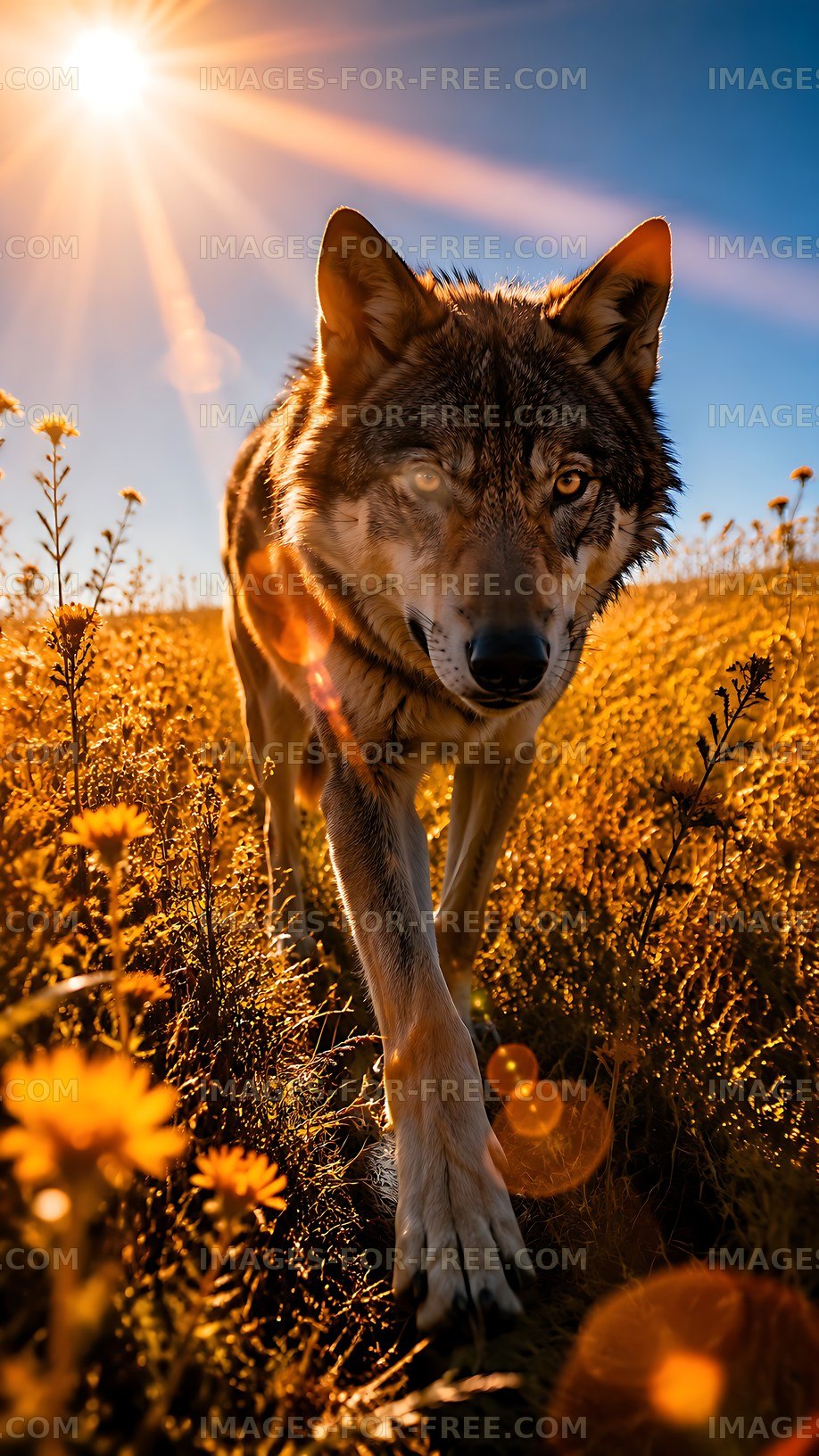 Wolf walking through a field of flowers under bright sunlight