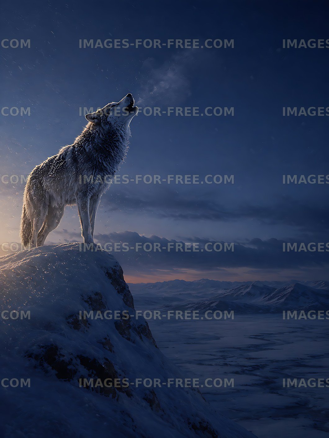Wolf howling on a snowy mountain top during twilight