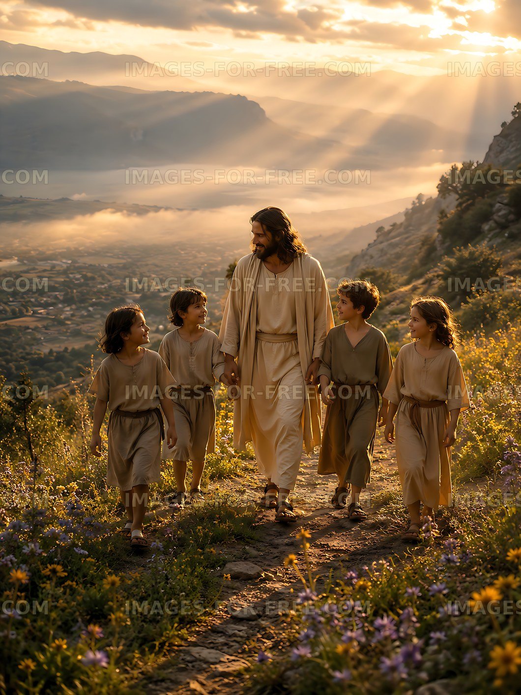 Children walking with a man in a serene landscape at sunset