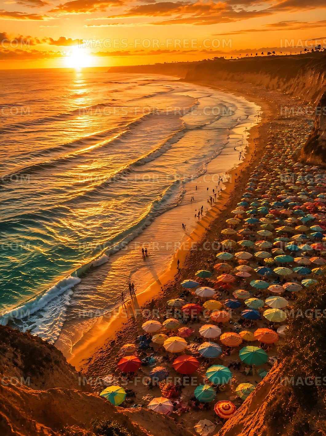 Beach scene with colorful umbrellas and sunset over ocean
