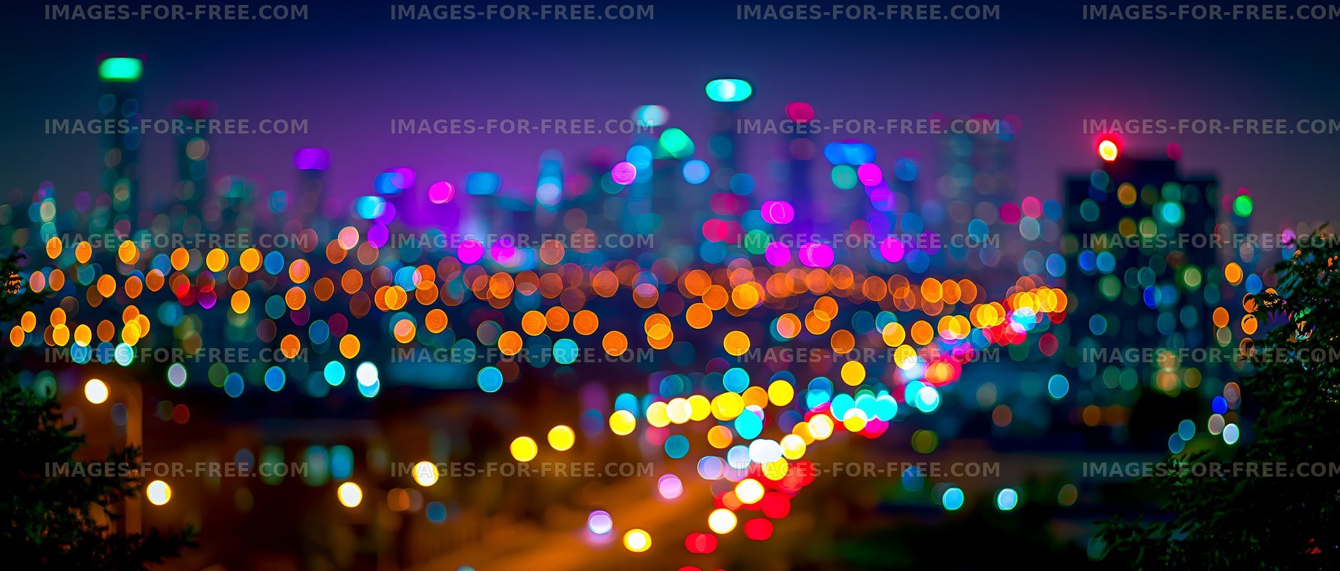 City skyline at night with bright bokeh lights