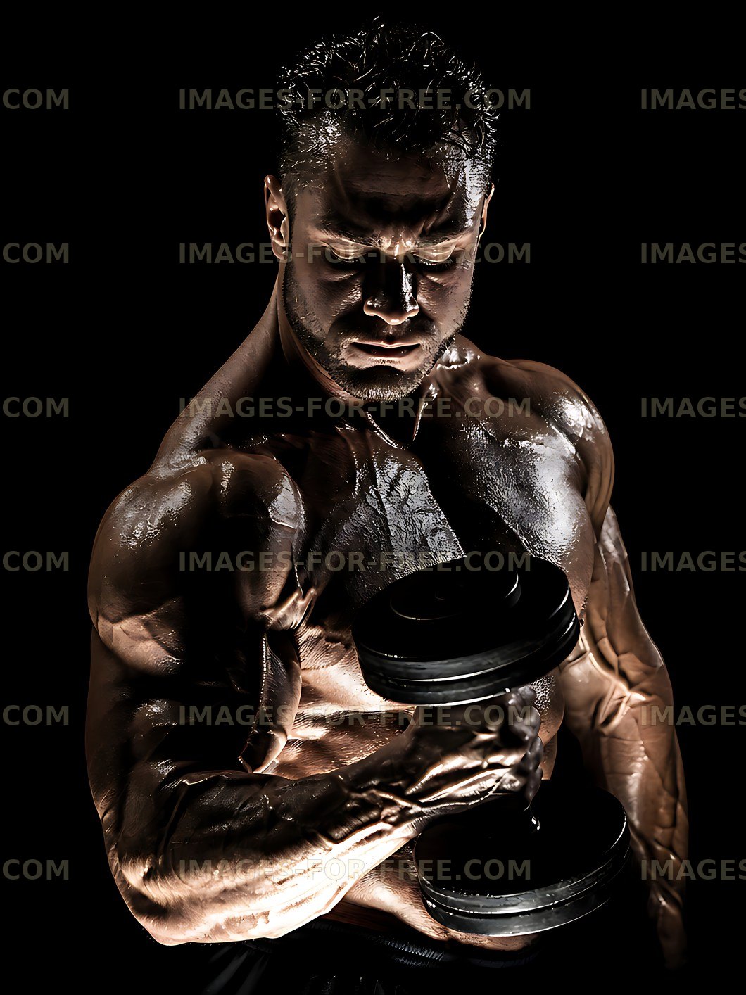 Muscular man exercising with dumbbell in low light