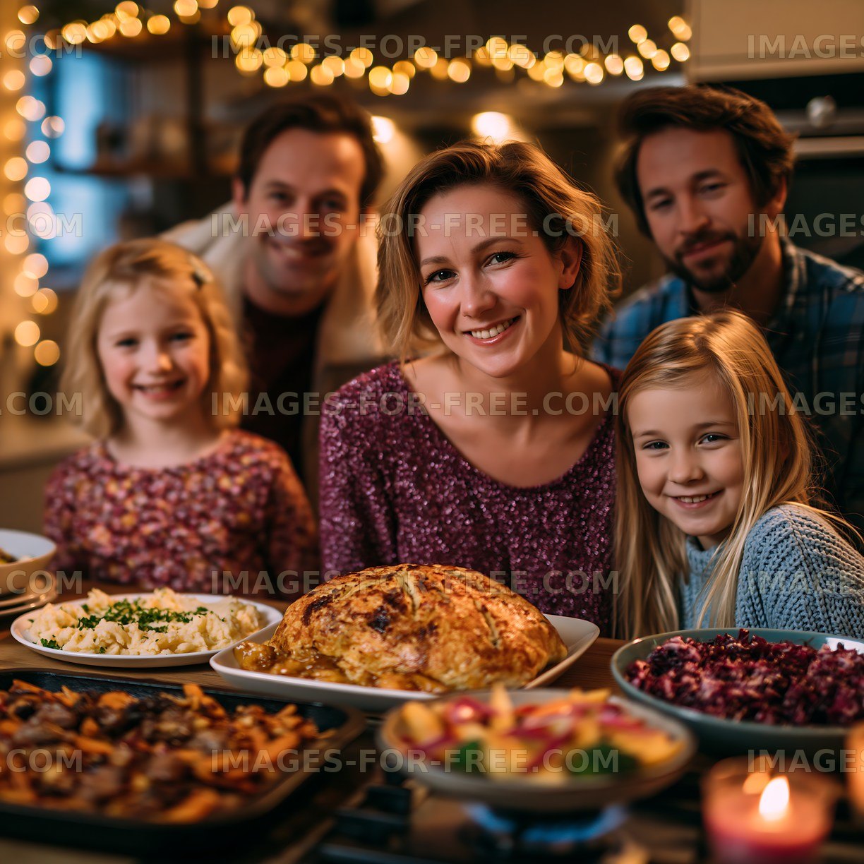Family gathering around a festive dinner table